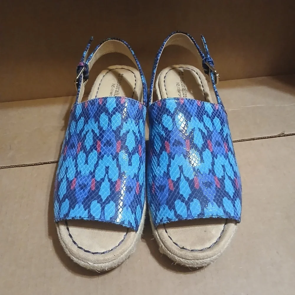 Naturalizer wedge sandals Women 9N Blue Pink Aqua Burlap Wedge - Picture 2 of 6
